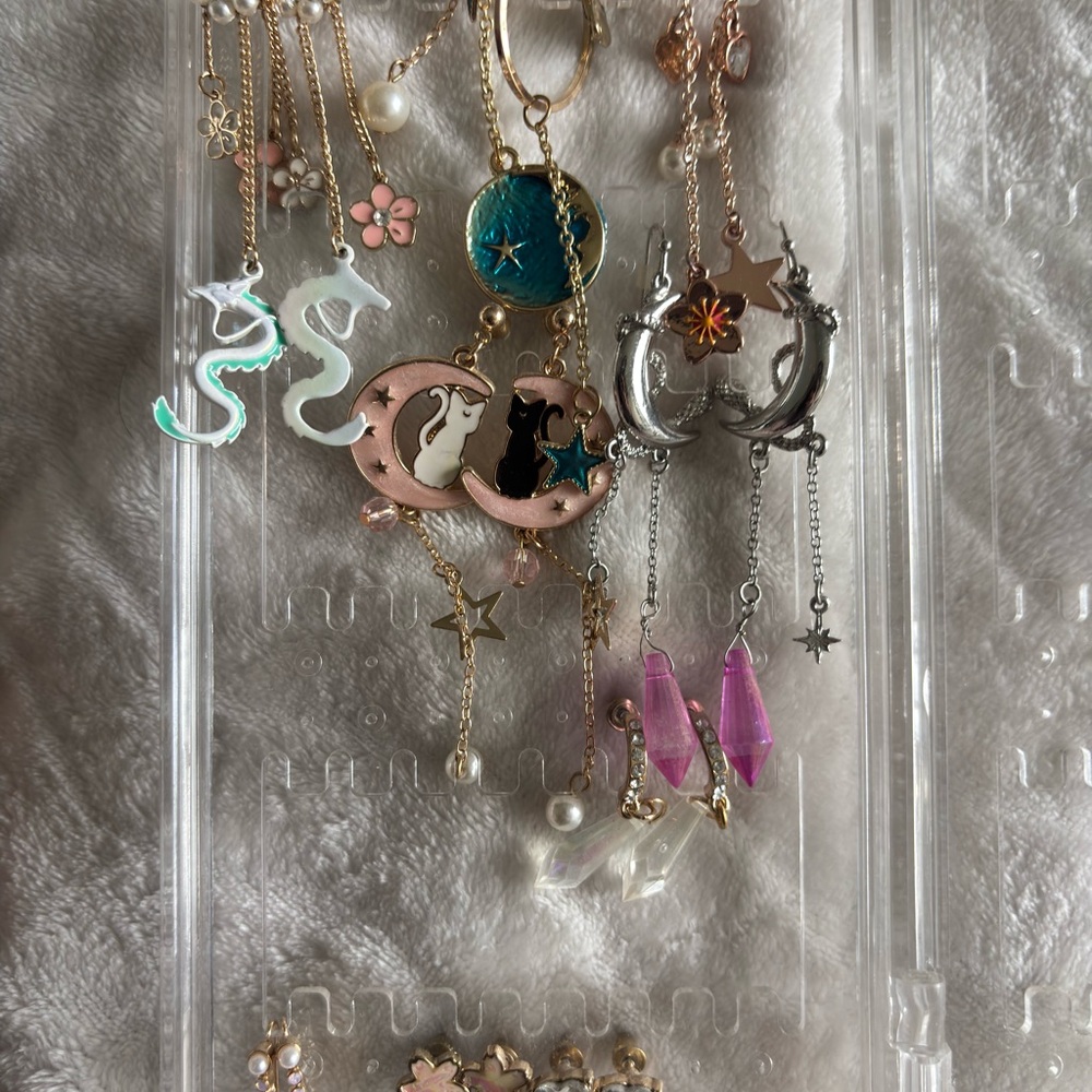 Silver and Pink Cat Moon Earrings